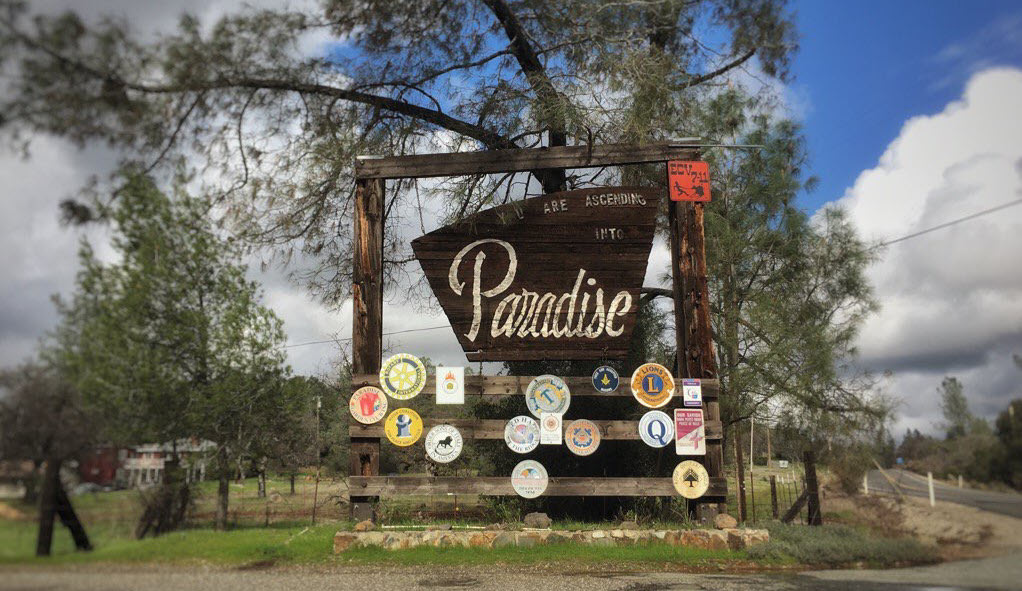 Welcome sign to Paradise, CA